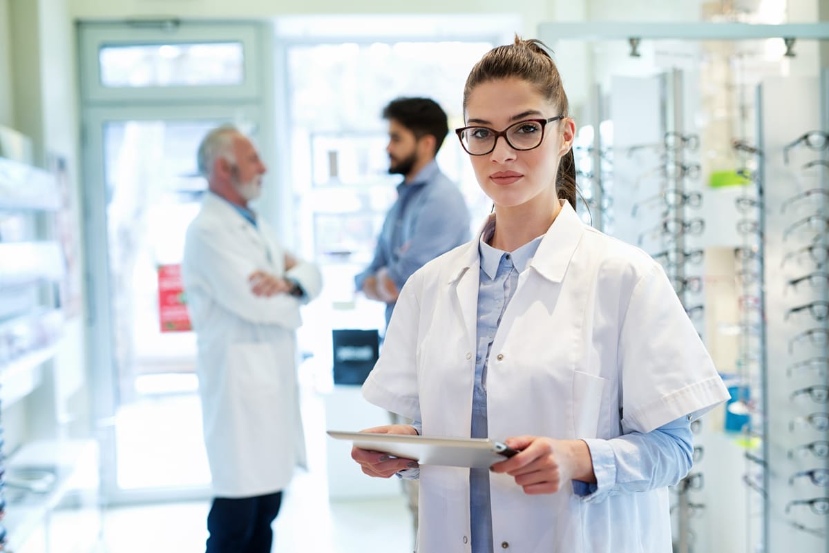 An optometry team in the dispensary